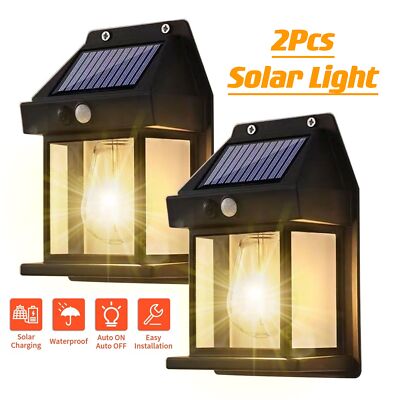 2Pcs LED Solar Wall Light Lantern Motion Sensor Dusk to Dawn Porch Fence Lamp