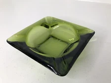 Vintage Mid Century Ashtray Green Glass 6"X6" Square ~4 Slots Cigar/Cigarettes