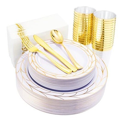 COLOSUS 175pcs Disposable Plastic Party Plates and Silverware set Include Gold