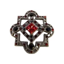 Vintage Silver Tone  Maltese Cross Brooch Red Black Rhinestone Pin 2 in D