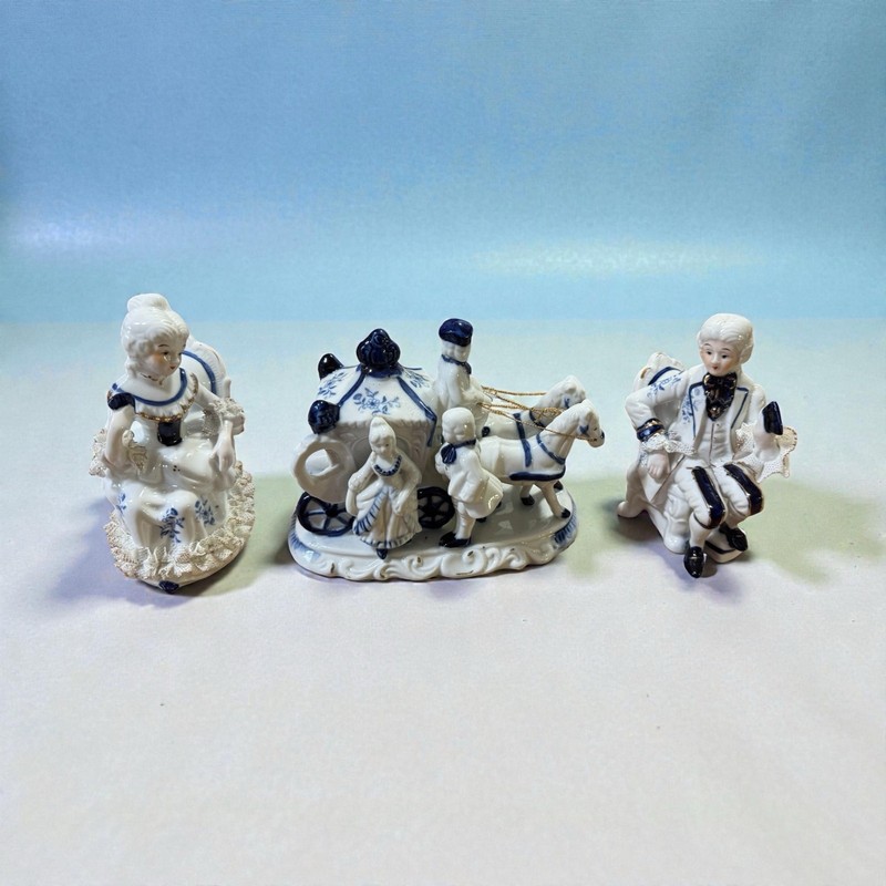 3-Piece Blue & White Porcelain People Figurine Set w/ Horses Carriage Scene