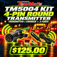Towmate Tm5004 4 Pin Round Transmitter Kit With Charger And 2 Fuses - Save Big Towmate Tm5004 4 Pin Round Transmitter Kit With Charger And 2 Fuses - Save Big