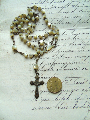 French vintage mother of pearl beads - metal cross pendant necklace beautiful - Picture 2 of 5
