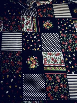 VTG Black & Brights Faux Ditsy Dots & Stripe Patchwork 3 '' SQ Cheater Quilt BTFQ