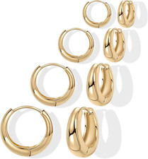 Chunky Gold Hoop Earrings Set for Women 4 Pair, 14K Gold Plated 925 Sterling Sil