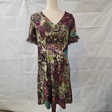 ECI New York Paisley Floral Beaded Empire Waist Dress Brown Purple Green Size 8