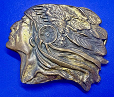 Native American Indian Chief In Headdress Vintage Brass Tone Cutout Belt Buckle