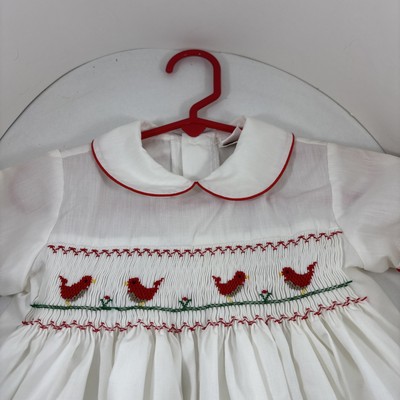 Inisex 12-18M White Smocked Bubble Romper Red Bird VINTAGE USA