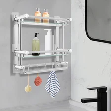 2 Tiers Bathroom Shelf with Towel Holder Bar and Hooks Restroom Storage Rack Set