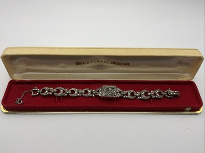 Vtg Mid Century Bucherer Silver Marcasite Hidden Peek A Boo Watch Bracelet & Box