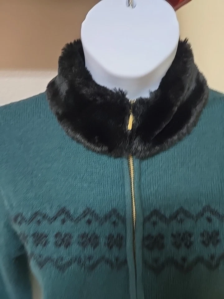 Suéter De Colección Karen Scott Verde 100% Lana Isla Justa Cremallera Cuello de Piel Sintética Talla S Foto 4 de 4