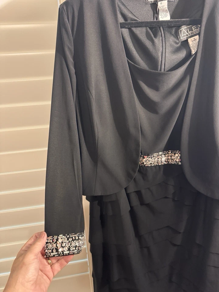 Alex Evenings 女式茶色长度装饰夹克黑色连衣裙 18 码 — 第 2/4 张图片