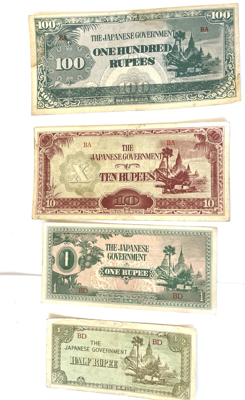 WW2 Japanese Invasion Money Currency 1942 - Lot of 4 Banknotes