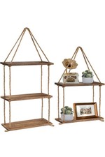 Rustic Wooden Hanging Rope Shelf - Handmade Solid Natural Wood Floating Shelves