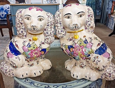 Pair, Porcelain Reproduction Staffordshire Dogs.Hand Painted.Tobacco Leaf-11.5 H