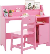 Kids Desk and Chair Set W/ Hutch Storage Cabinet Wooden Children Study Table
