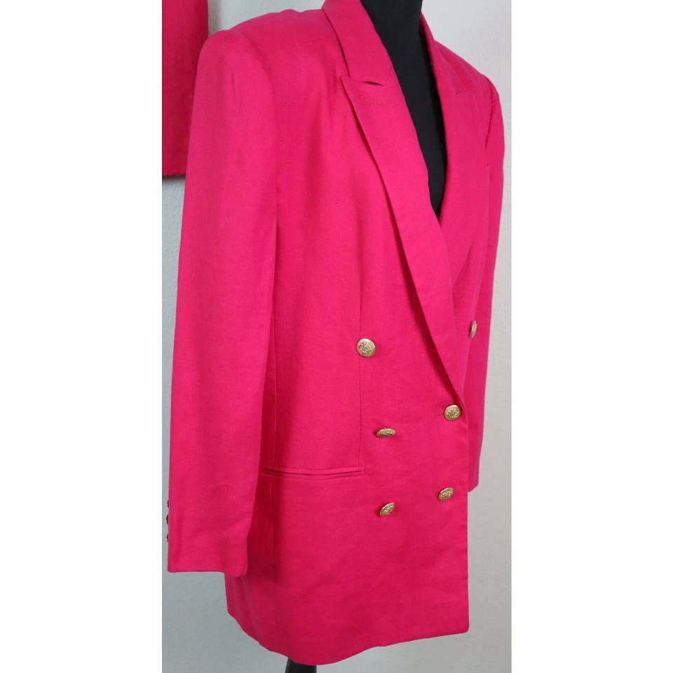 Traje Falda Vintage Años 80 90 Valerie Stevens LINO Rosa Caliente Doble Pecho 10  Foto 3 de 4