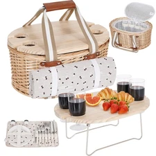 Picnic Basket Set for 4 - Wicker Insulated Picnic Basket with Water... Fast Ship