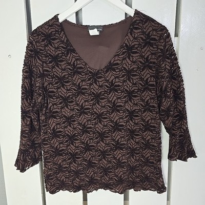 Brittany Black Floral Embroidered Brown Top Flutter Sleeve Large Fairy Grunge