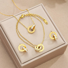 4pcs Gold Stainless Steel Jewelry Set Necklace Bracelet Earrings Roman Circles