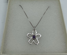 Sterling Silver 925 Flower Pendant Necklace Purple Gem Stone Box Chain #509