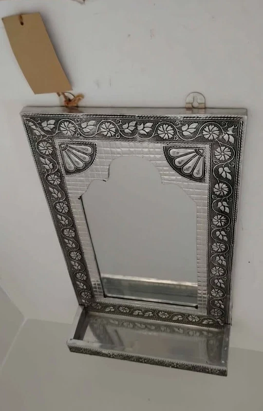 Vintage Silver Ornate Embossed Hanging Mirror Made in India Exotic