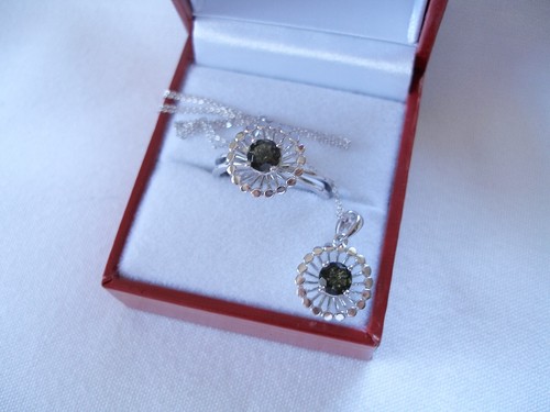 Juego de anillos ""Cesta"" solitario moldavita de oro blanco 14k FPJ-,42 quilates - Imagen 12 de 12