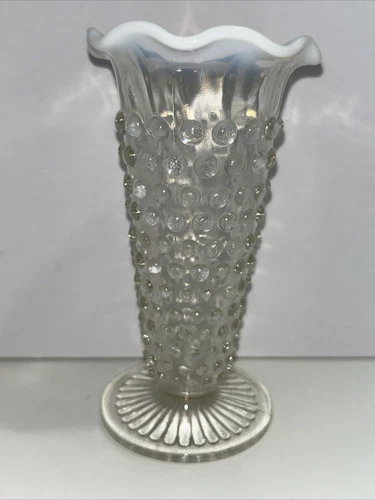 WHITE OPALESCENT FENTON VASE HOBNAIL FLARE TOP 5.5 INCHES