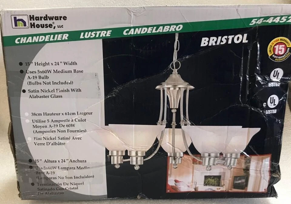 Lámpara de araña Hardware House Bristol de 5 luces, 24"x15", níquel satinado Foto 2 de 4