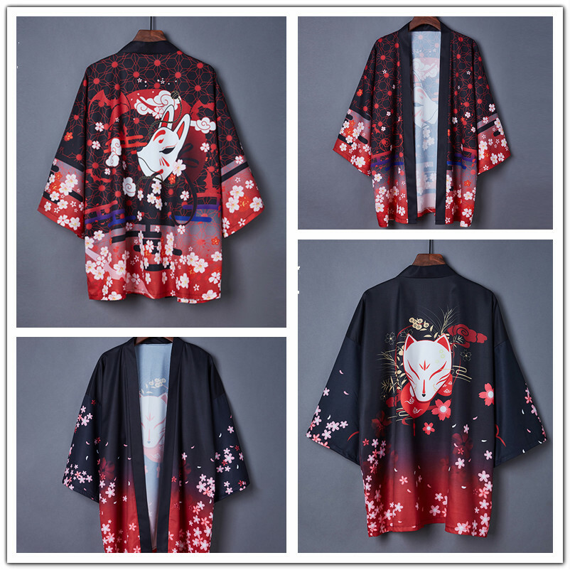Women Japanese Kimono Coat Casual Jacket Fox Pattern Haori Yukata