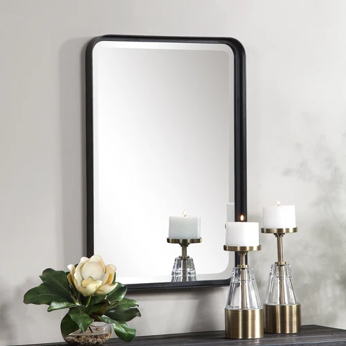 Minimalist Rustic Black Metal Wall Mirror, 30" Thin Frame Curved Edge Vanity - Picture 3 of 7