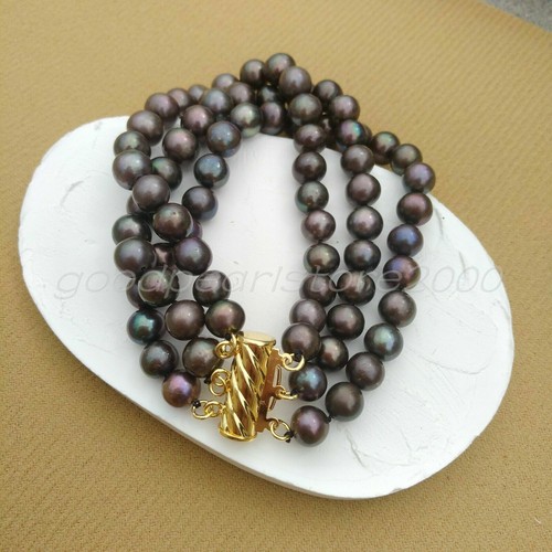 7.5-8in 3Row South Sea Peacock Brown Pearl Bracelet At Business14K Gold P - Picture 4 of 8