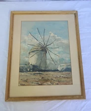 Signed Art Watercolor Painting Canvas Framed Primitive Windmill Old Stone Mill