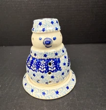POLISH POTTERY Snowman Luminary Blue White Stars Candle Holder J. Boleslawcu