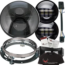 Eagle Lights Black 7" Round LED Headlight w/ Matching Passing Lamps, Ring & Plug