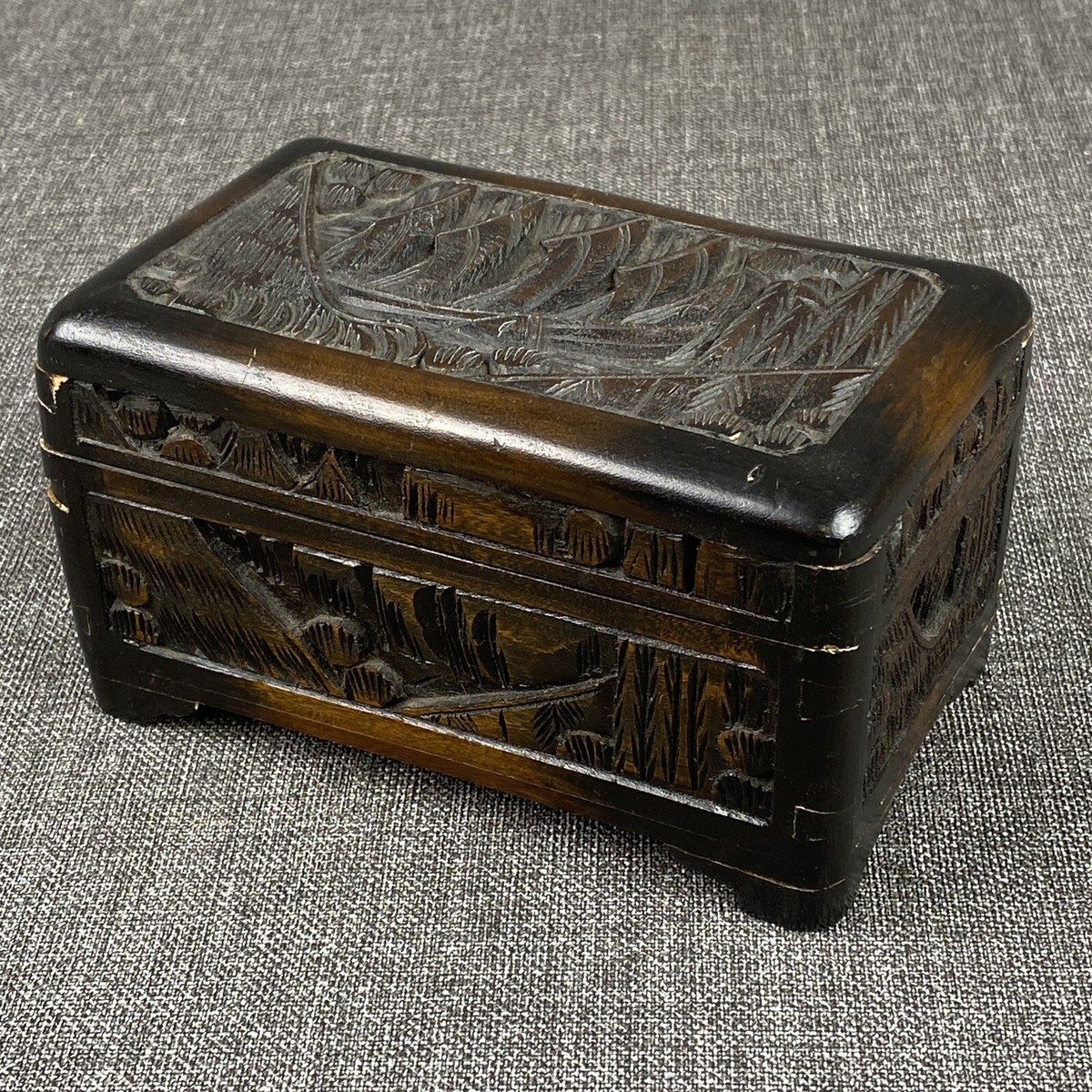 Vintage Hand Carved Wooden Box Sailing Ship Asian 7