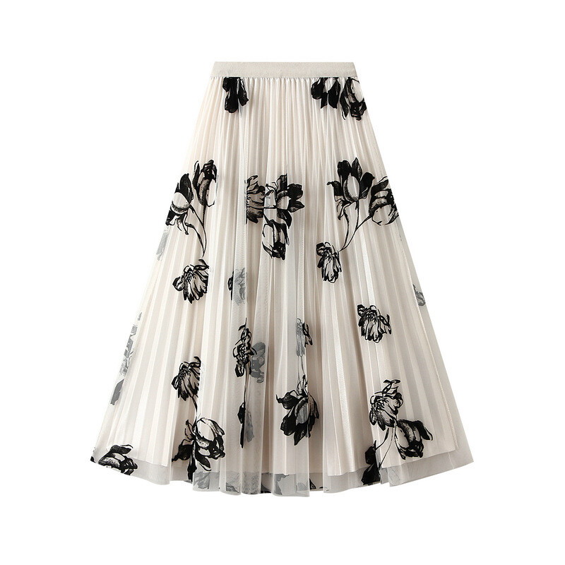 Reversible Pleated Midi Skirt with Plant Mesh Detail New Trendy Style