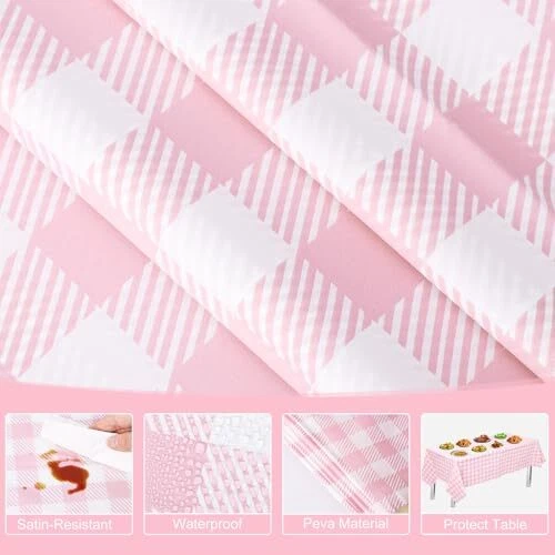 Pink Gingham Tablecloth, 54 X 108InchPlastic Pink Table 3 Pack Pink and White - Image 3 of 4