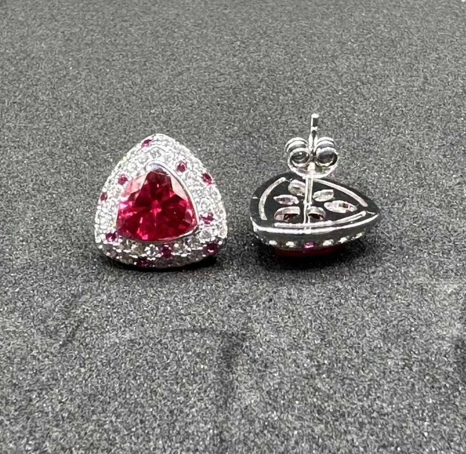3ct Trillion  Ruby Stud 15mm Earrings 14k White Gold-Plated Solid Silver - Image 3 of 3