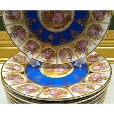 Rare Bareuther Waldsassen Bavaria Germany Dinnerplates Plates Blue Gold 8 PC Set