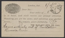 1892 #P7 1c Victoria PSC McClary Stoves Advertising Back London to Stratford ONT