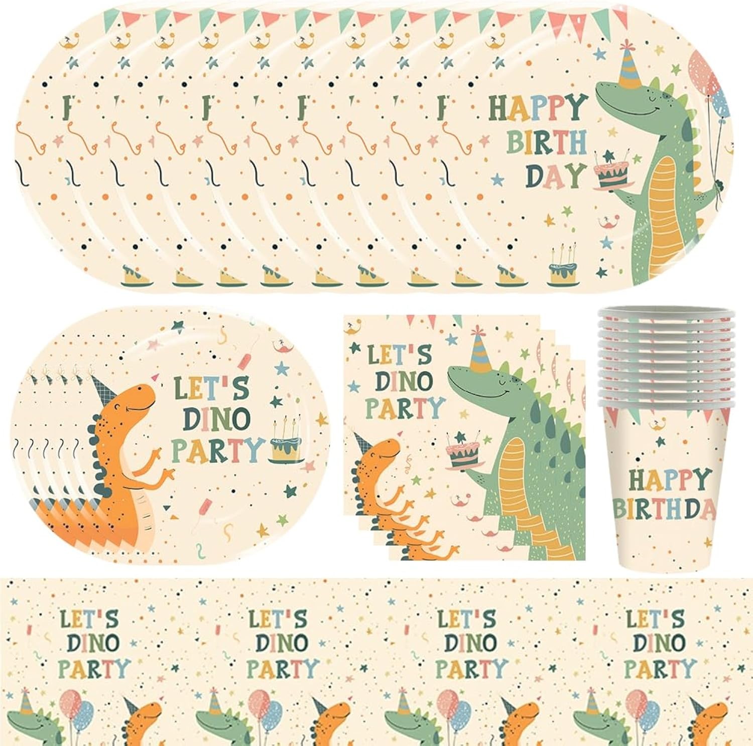 Dinosaur Birthday Party Tableware Set for 10 Guests, Plates Cups Napkins