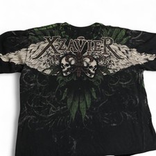 Vintage XZAVIER AXR Sz L Cross Angel Wings AOP Goth Grunge Y2K T-Shirt USA Made