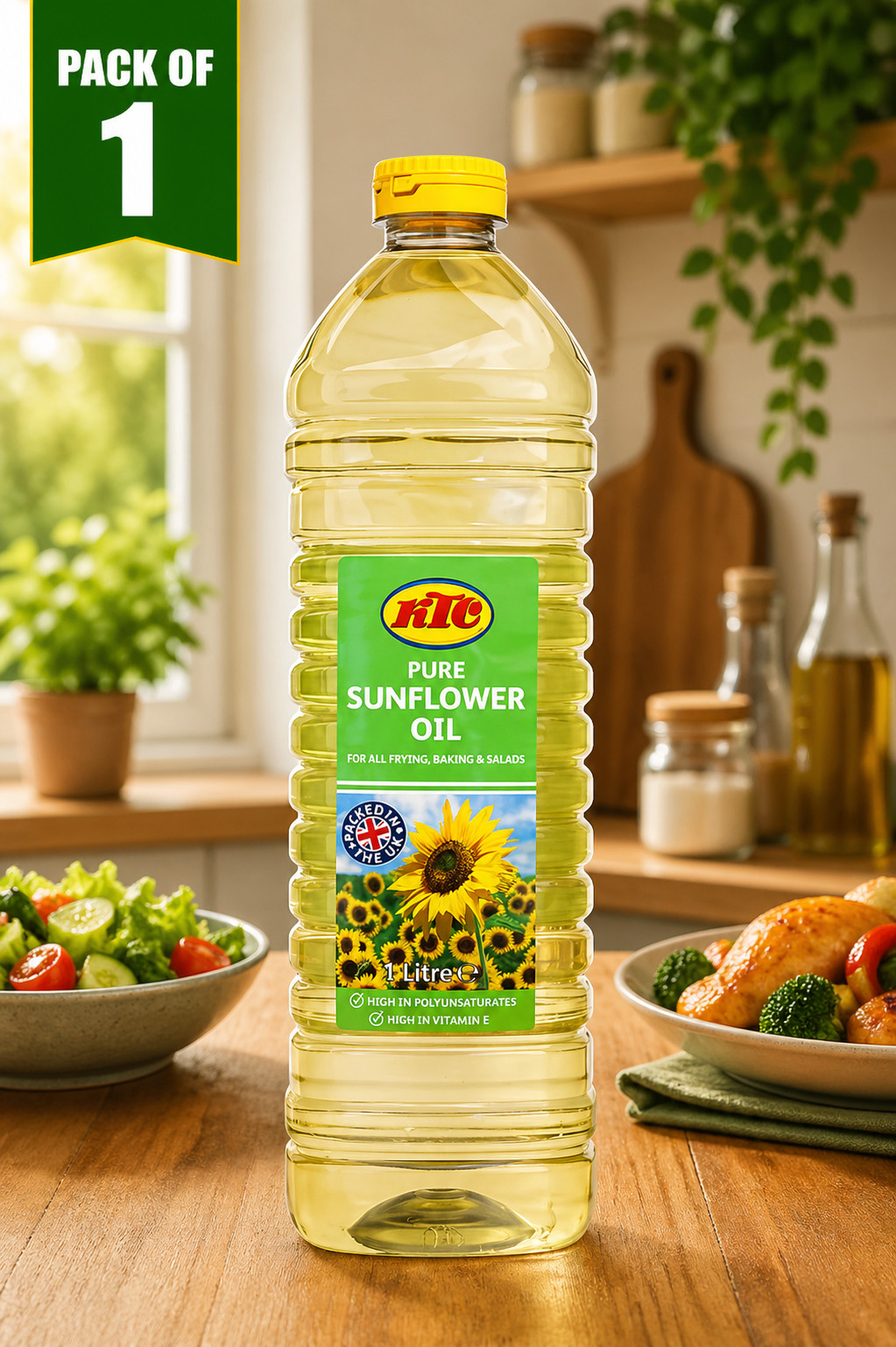 Aceite de girasol KTC 1L (paquete de 2) - Aceite de cocina puro refinado, ligero y saludable