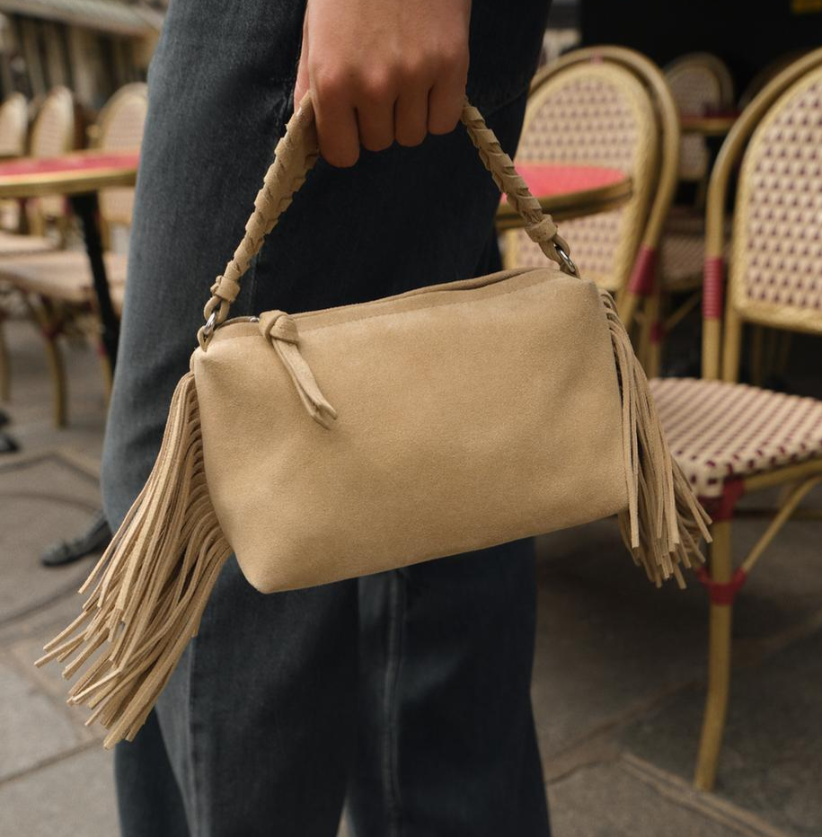 Zara Split Suede Mini Fringed Crossbody Bag Sand Beige Cream Brown