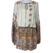 Minkpink Women Boho Paisley Smocked Waist Mini Dress Cream Tan Size L