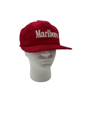 Vintage Marlboro Hat Cap Snap Back Red Corduroy Mens Cigarette Promo USA 80s