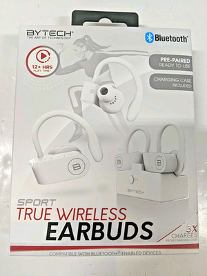 BYTECH Auto Pairing True Wireless Sport Earbuds With Compact Charge Case - White