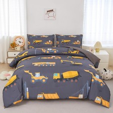Construction Bedding Set for Boys Full Size Trucks Dark Grey Comforter Set Te...