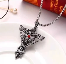 Stainless Steel Fashion Jewelry - Double Dragon Cross Sword Pendant Necklace  